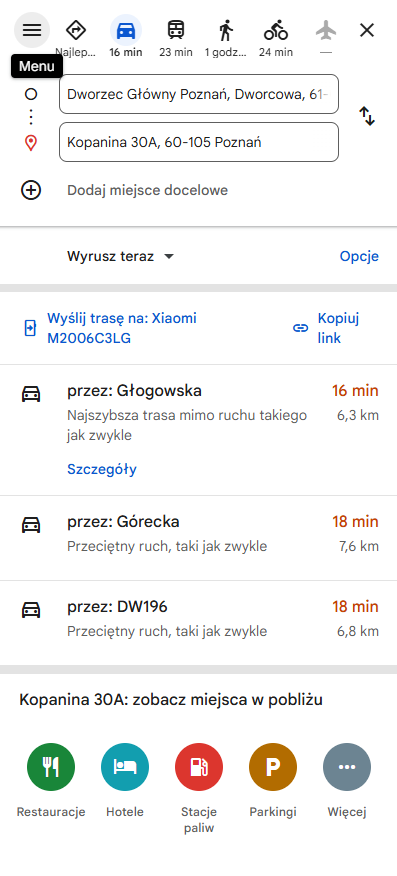 wyznaczanie trasy mapy Google 
